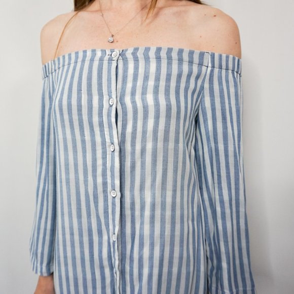 BELLA DAHL Blue Striped Off-Shoulder Dress NWT - Picture 2 of 7